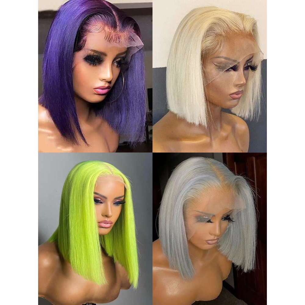 Lime Front Human Hair Green Wig Short Bob Straight 13X4 Colored Lace Frontal Wigs Rose Neon