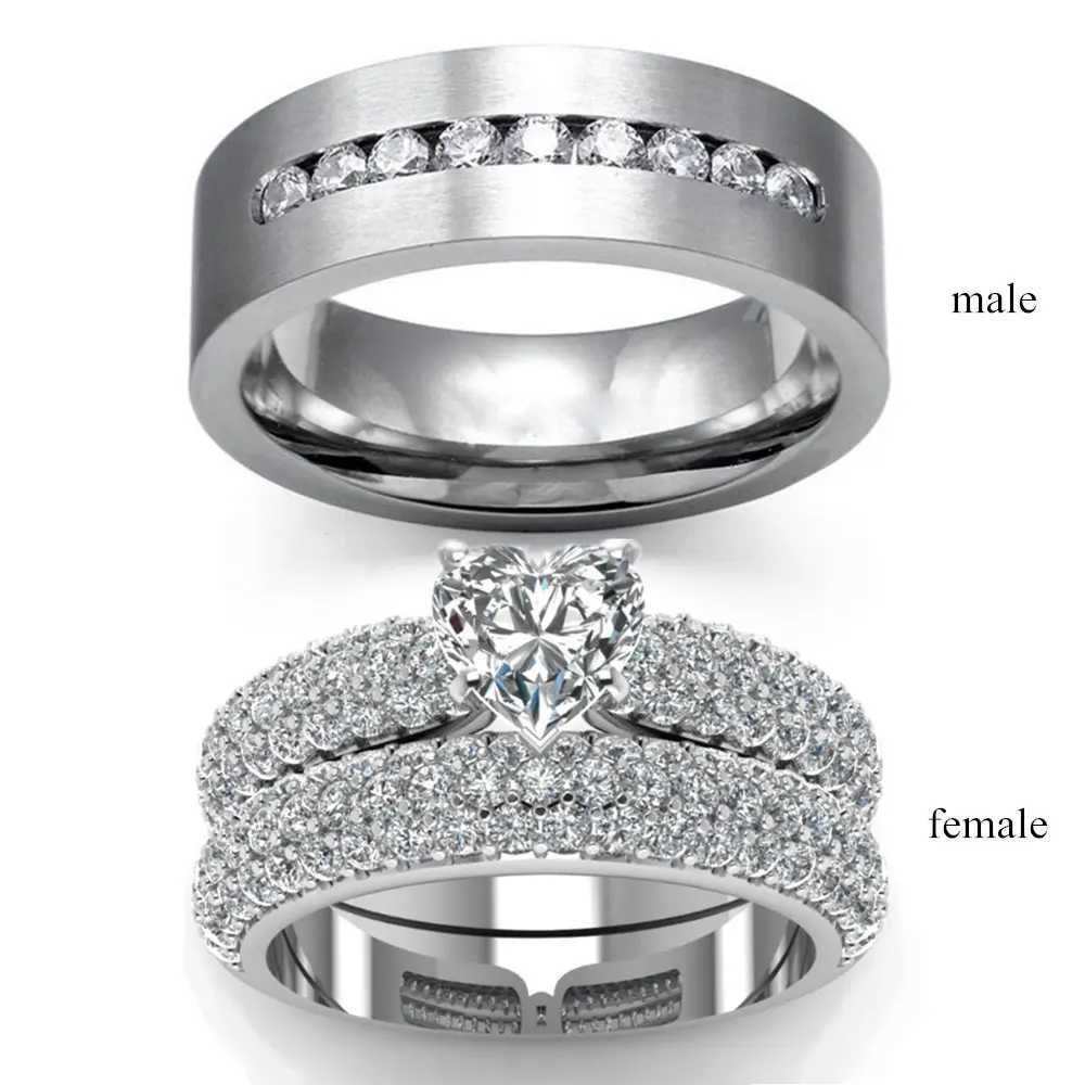 2023 Fashion Silver Color Couple Rings for Lovers Cute Heart Rhinestones Women Rings Set Trendy Zircon Men Rings Wedding BandX240921