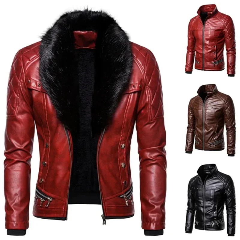 2023 Autumn Suede Collar Removable Slim Fit Men's Warm Pu New Motorcycle Bomber Wool Leather Jacket EUR 2Xl