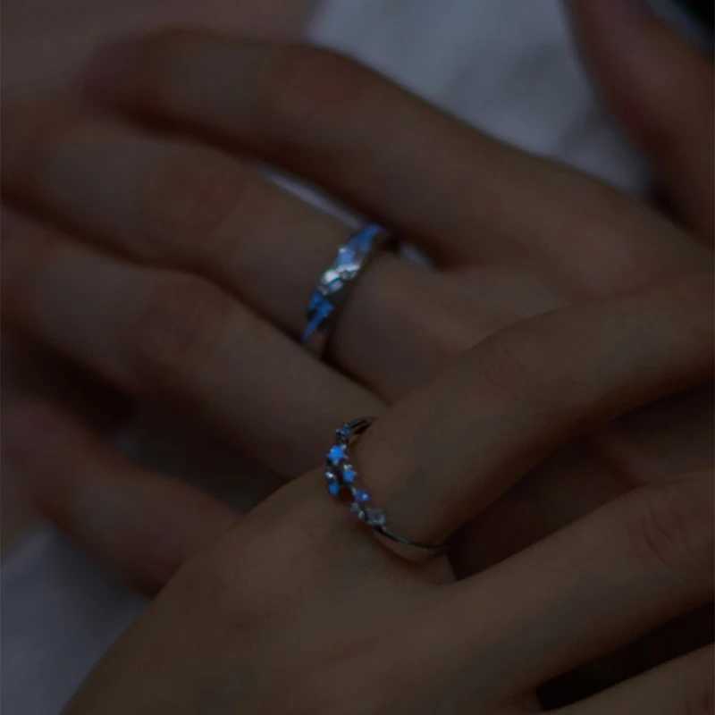 2Pcs Fashion Blue Luminous Star Couple Ring Glow In Dark Fluorescent Zircon Ring Women Men Adjustable Finger Rings Jewelry GiftsX240921