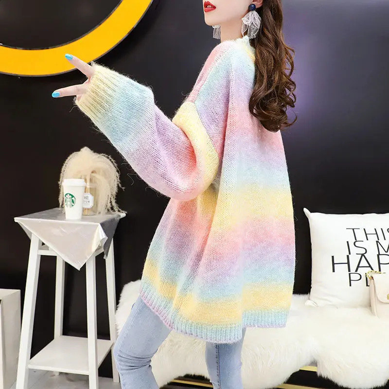 Autumn Winter Women Sweater Rainbow Sweaters Tie Dye Pullover O-Neck Long Loose Striped Female Knit Top Wear 240912