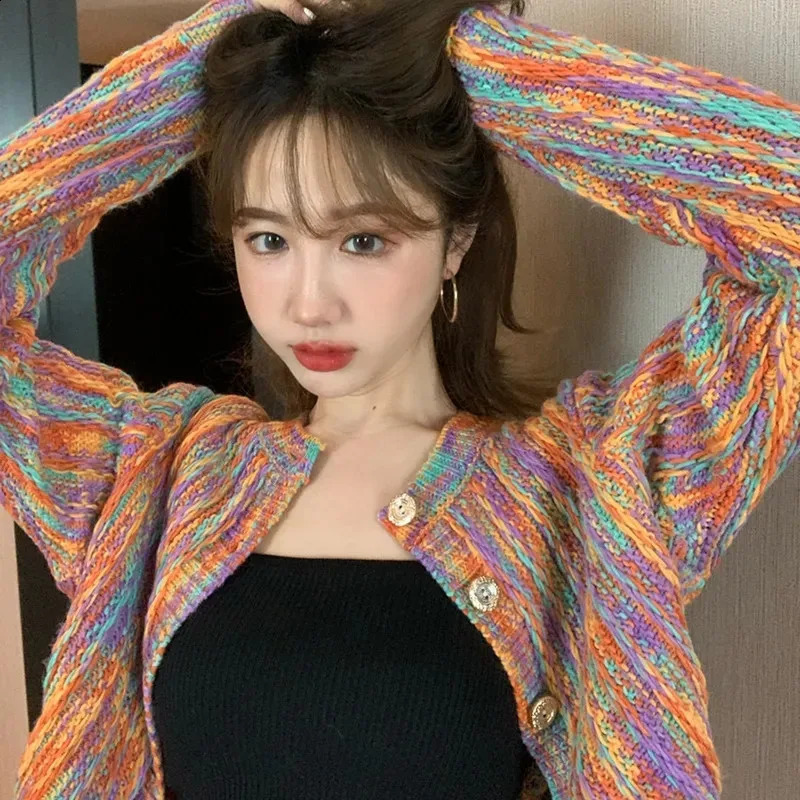 Fashion Rainbow Contrast Knitted Cardigan Sweater Womens Jacket Spring Autumn Short Shawl Coat Tops Female Knitwear 240912