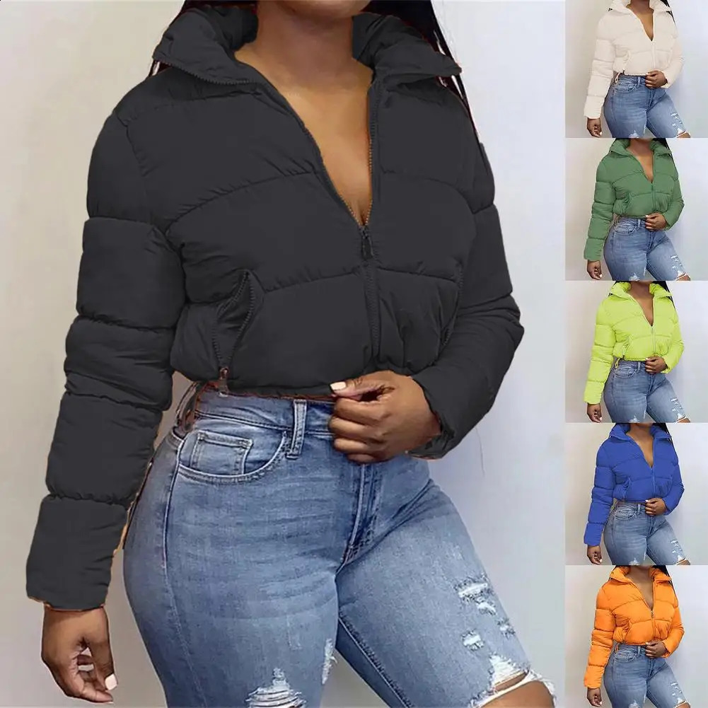 Womens winter long sleeved zipper inflatable jacket holder collar for warmth Parka fashion short thick bubble 240921