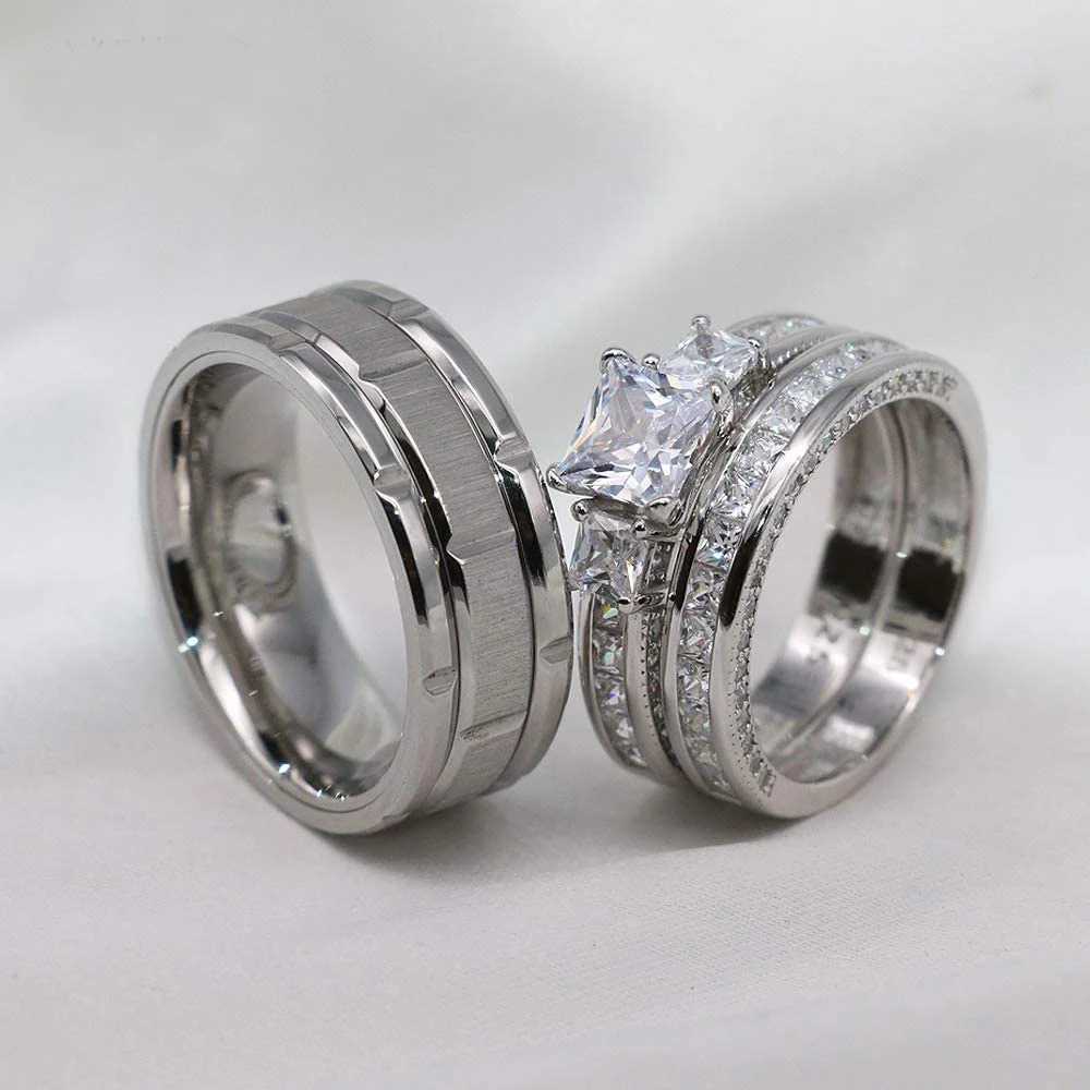 Couple Rings Women Exquisite Rhinestones Zirconia Rings Set Simple Stainless Steel Men Ring 2022 Fashion Jewelry For Lover GiftsX240921