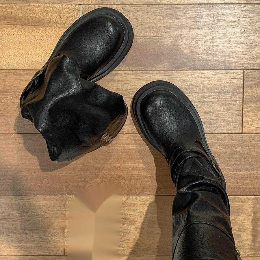 CMM Black British Thick Soled Boots for Women New Spring and Autumn Season Height Increasing and Slimming Knight Boots