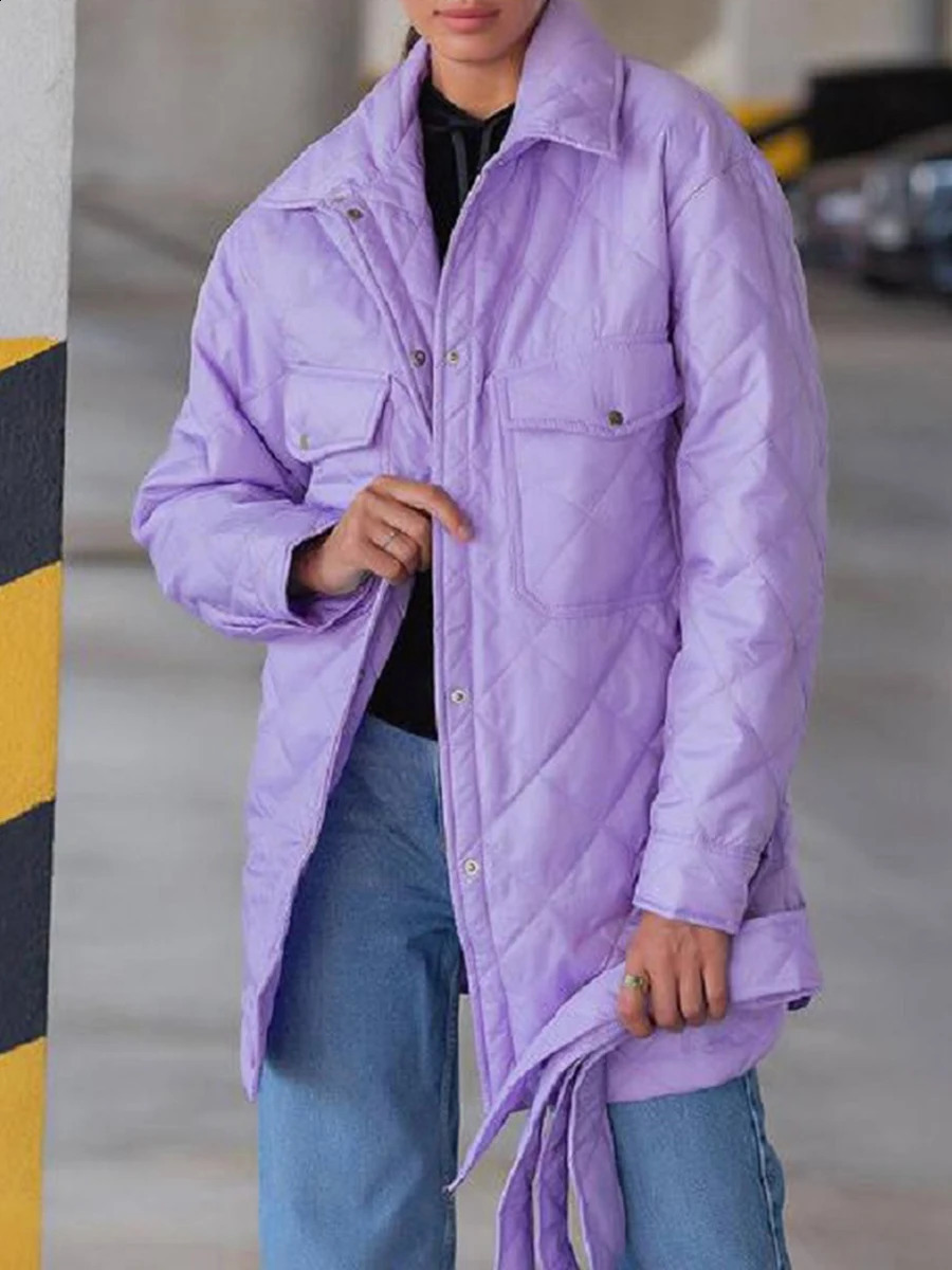 Womens Belted Quilted Jacket Lightweight Casual Warm Solid Color Single Breasted Long Sleeve Single Breasted Lapel Jacket Coat 240918