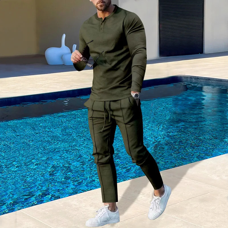 Autumn plus-size mens solid color Henry long sleeve pants suit trend 240918