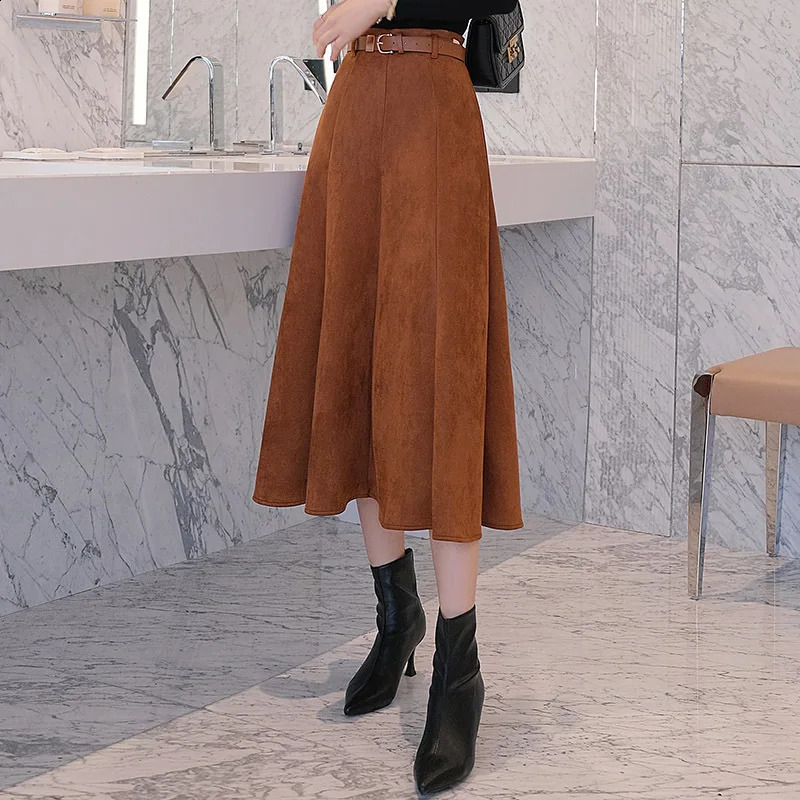 Women Suede Large Swing A-line Skirt For Autumn Winter High Waist Retro Puffy Long Thicken Warm Skirts With Belt Dropshiping 240919