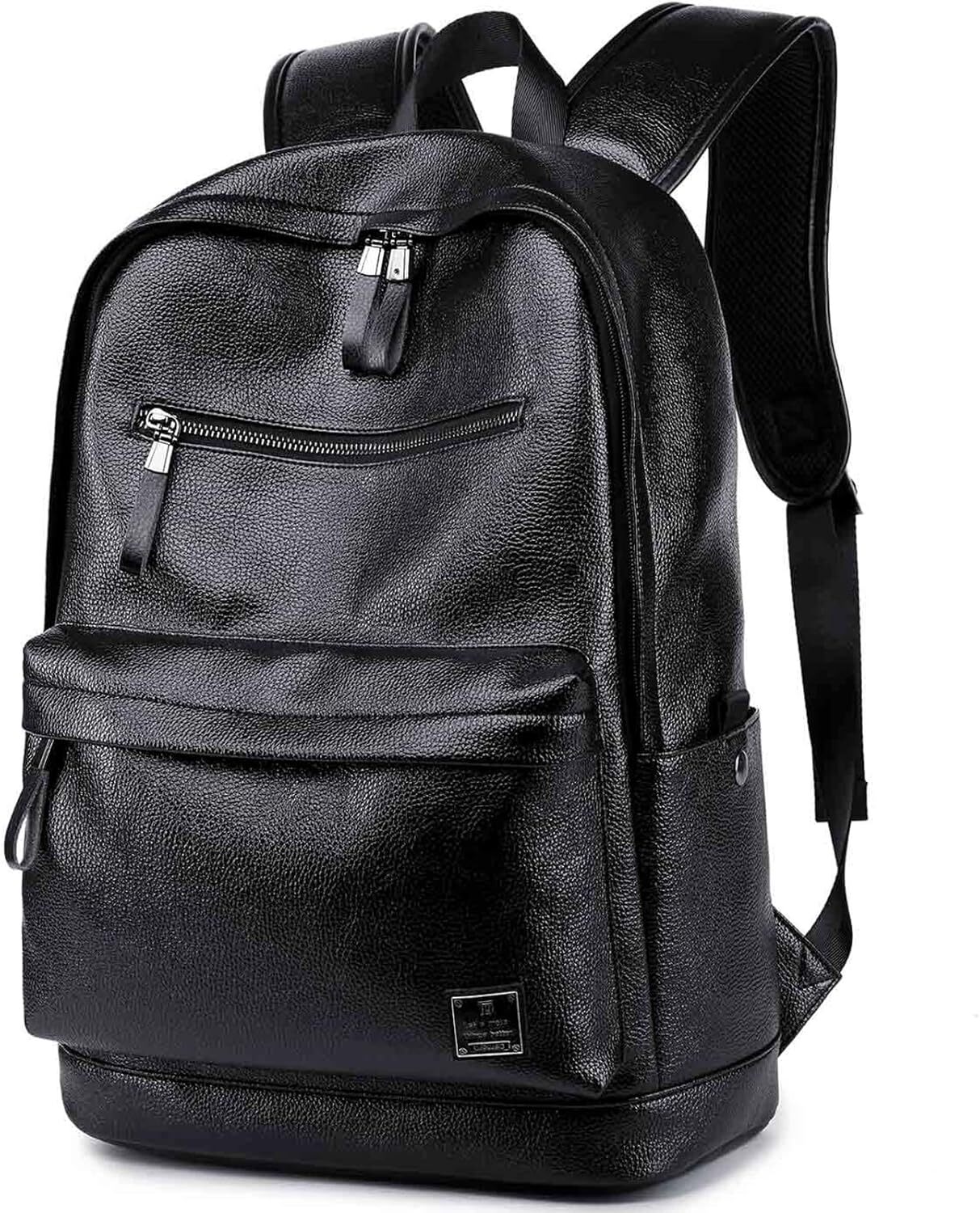 Black Leather Men Women Work Travel, Lightweight School Bookbag for College Students, Waterproof Casual Daypack Computer Backpack fits 15.6 Inch Lapto
