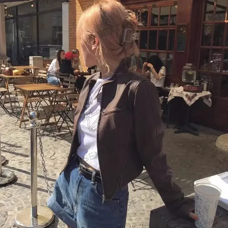Brown Vintage Racing Suit Short PU Leather Jacket Spring And Autumn Zipper Leather Jacket Winter Clothes Women 240921