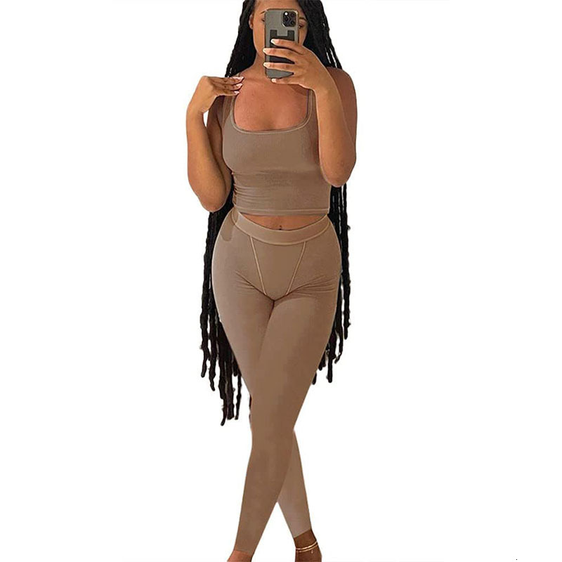 Casual Workout Sets 2 Piece Outfits For Women Ribbed Crop Tank Top High Waist Yoga Leggings Lounge Wear Tracuit