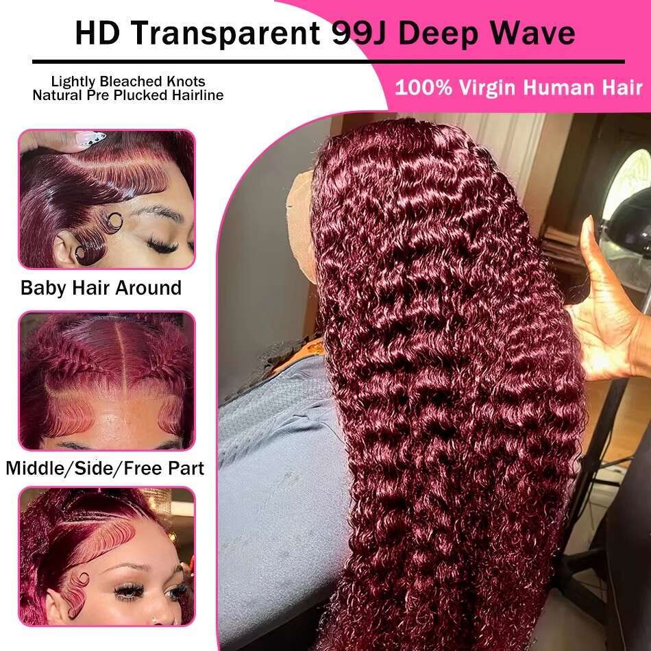 Luvin 250% 30 32 Inch 99J Bury Curly 13x4 Front Wigs Remy Deep Wave 13x6 HD Transparent Lace Frontal Wig For Women
