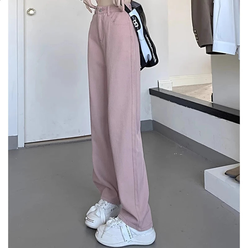Woman Vintage Wide Leg Jeans Girls High Waist Pants Female Fashion Black Grey Retro Blue Light Pink Denim Trousers 250206
