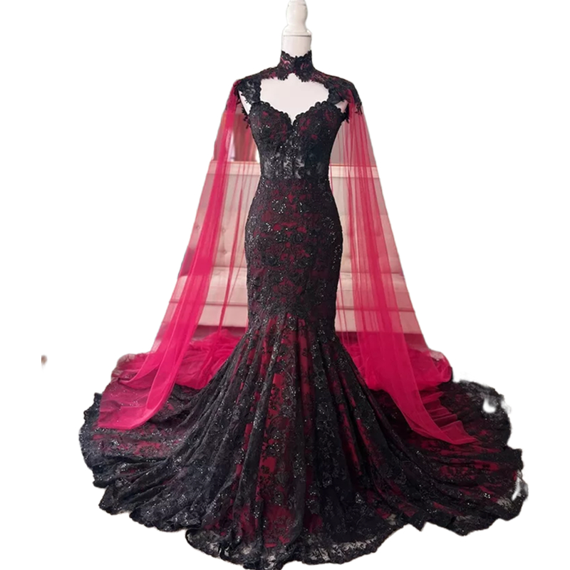Vintage Burgundy And Black Gothic Mermaid Wedding Dresses With Long Wrap Lace Appliques Sleeveless Straps Elegant Chapel Length Wedding Gown For Women