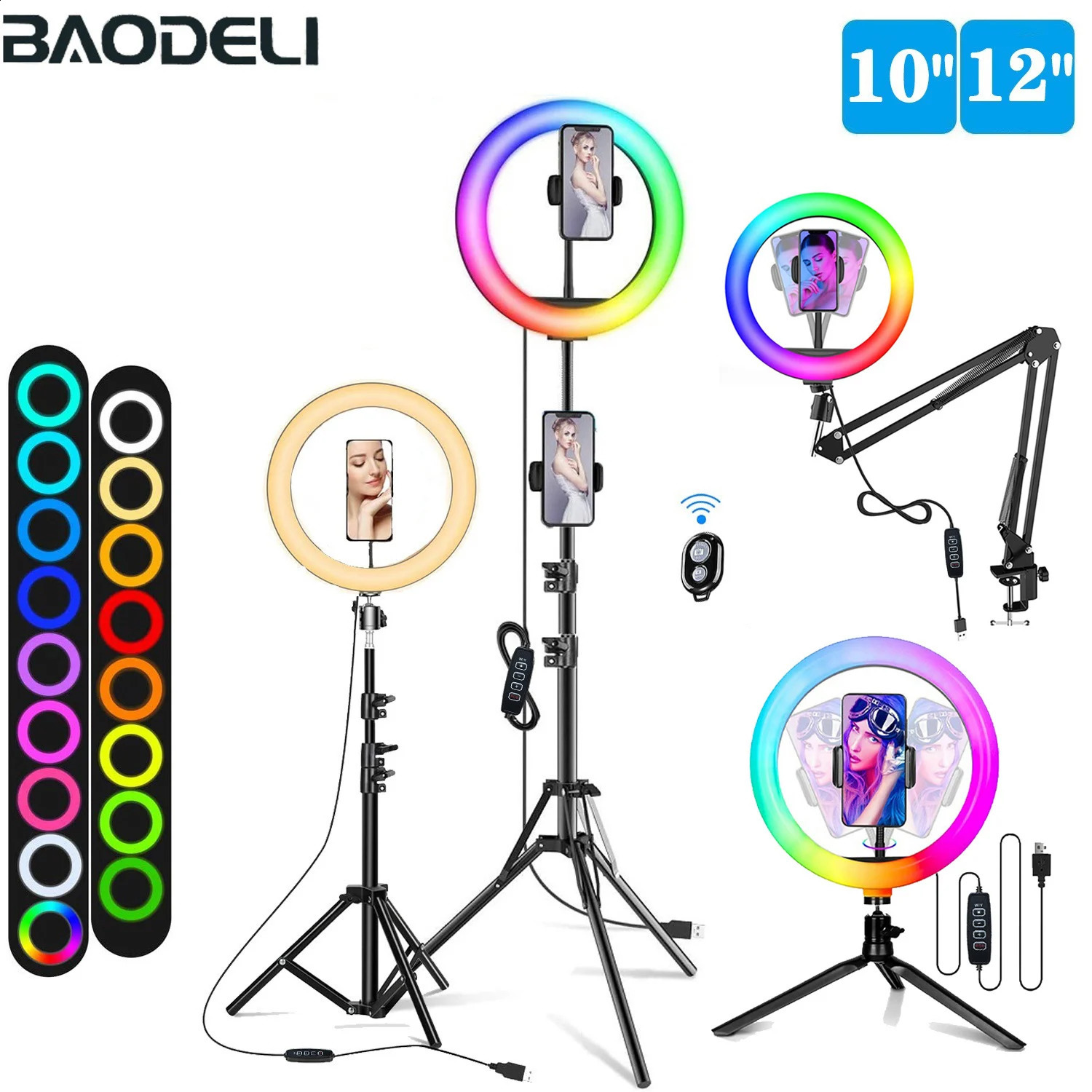 2024 RGB Ring Tripod Stand Holder for Phone Photography & Makeup, 3 Modes, Dimmable LED Circular Fill Light dh910320090