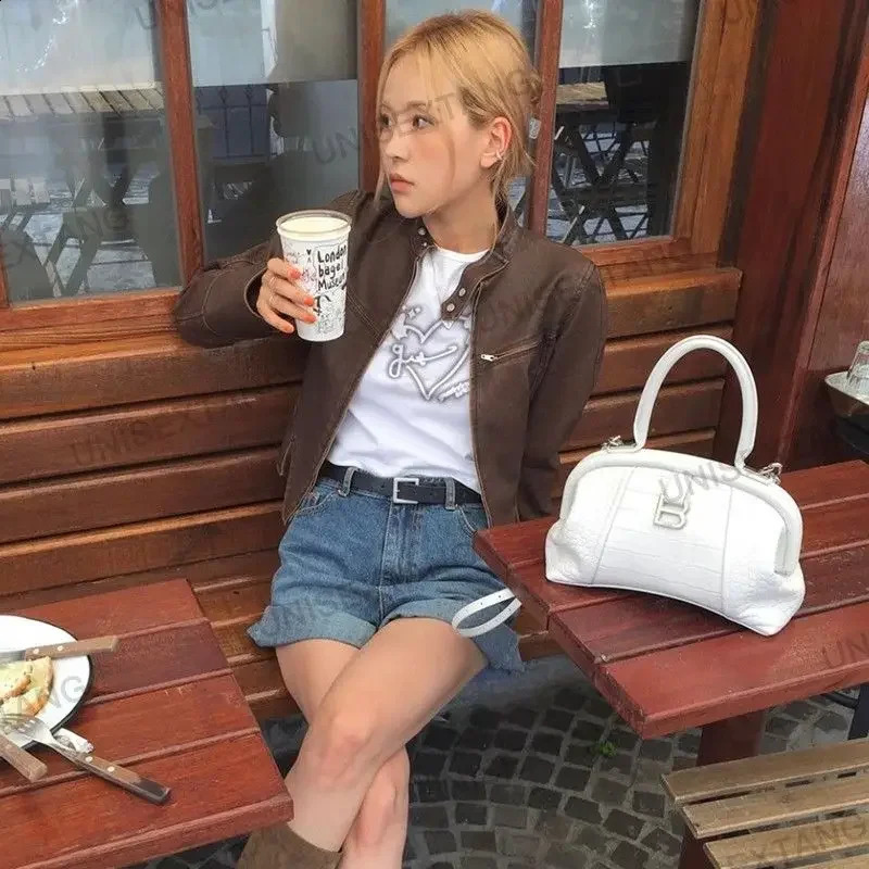 Brown Vintage Racing Suit Short PU Leather Jacket Spring And Autumn Zipper Leather Jacket Winter Clothes Women 240921