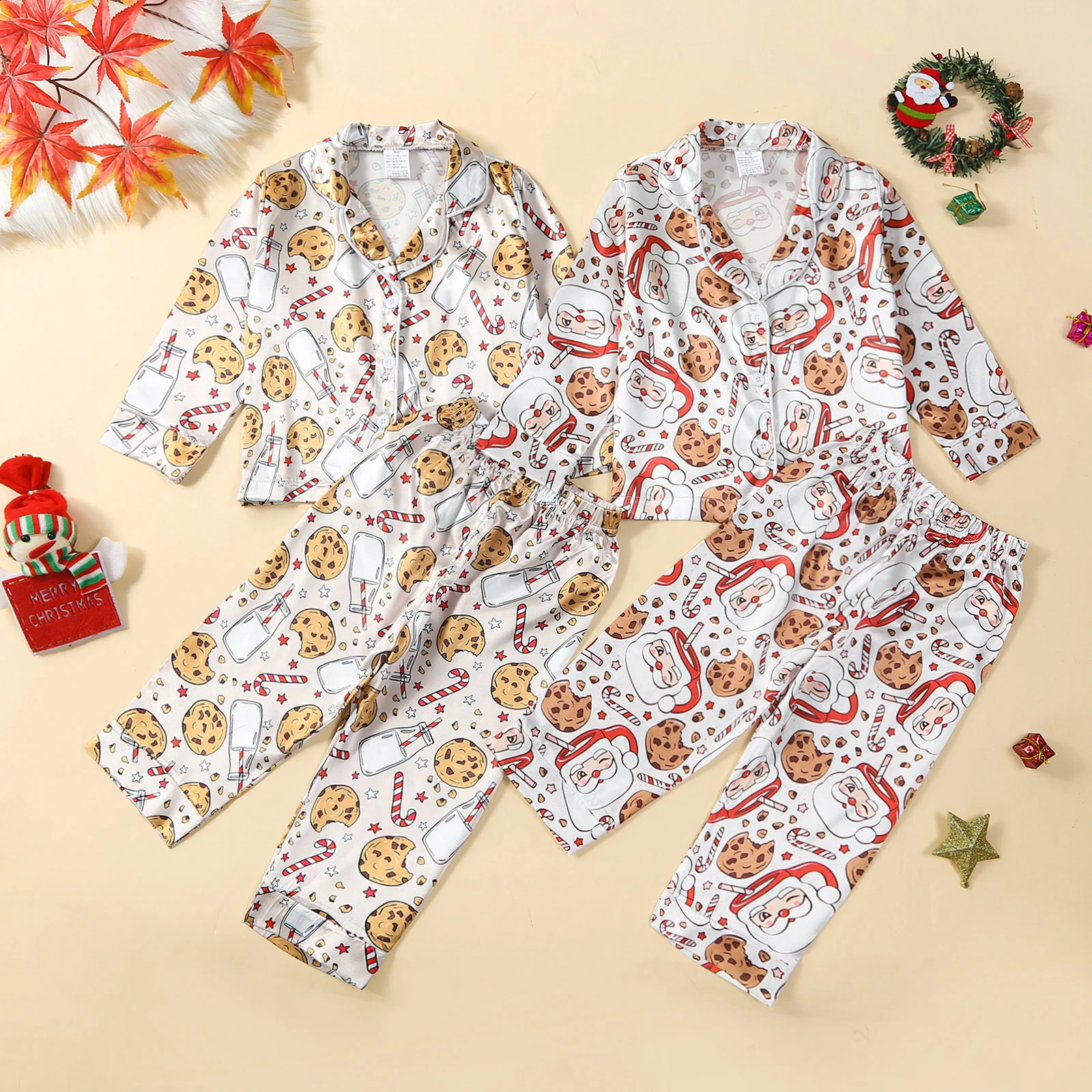 Kids Children Christmas Pajamas Set Satin Silk Santa Claus Cookie Print Long Sleeve Tops with Pants Sleepwear For Girls Boys 240911