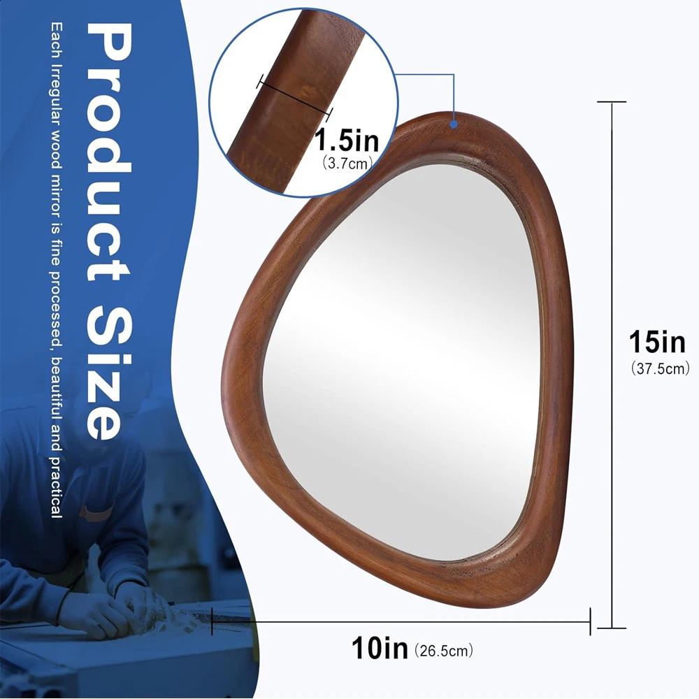 Irregular wall mirror 15 * 10 inch asymmetric wooden mirror small wall mirror vertical and horizontal suspension. image 240918