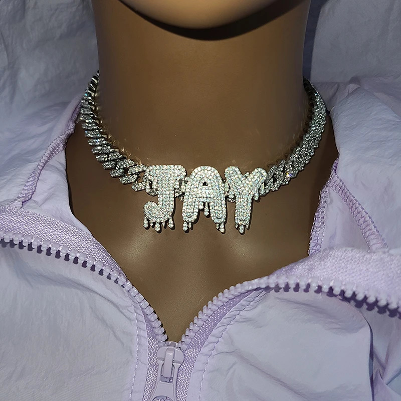 Custom Name Necklace Drip Letter with Rhinestone Cuban Chain Hip Hop Jewelry Drop Shiping 240914