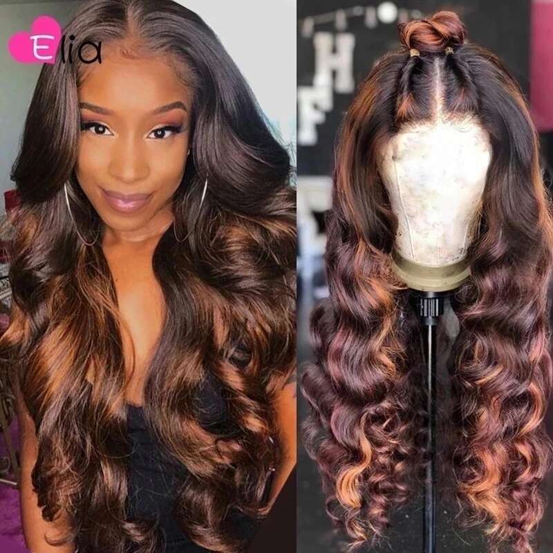 Elia 13X6 Body Wave Highlight Brown Lace Frontal Wig 180 Density Remy Peruvian 100% Human Hair For Black Women