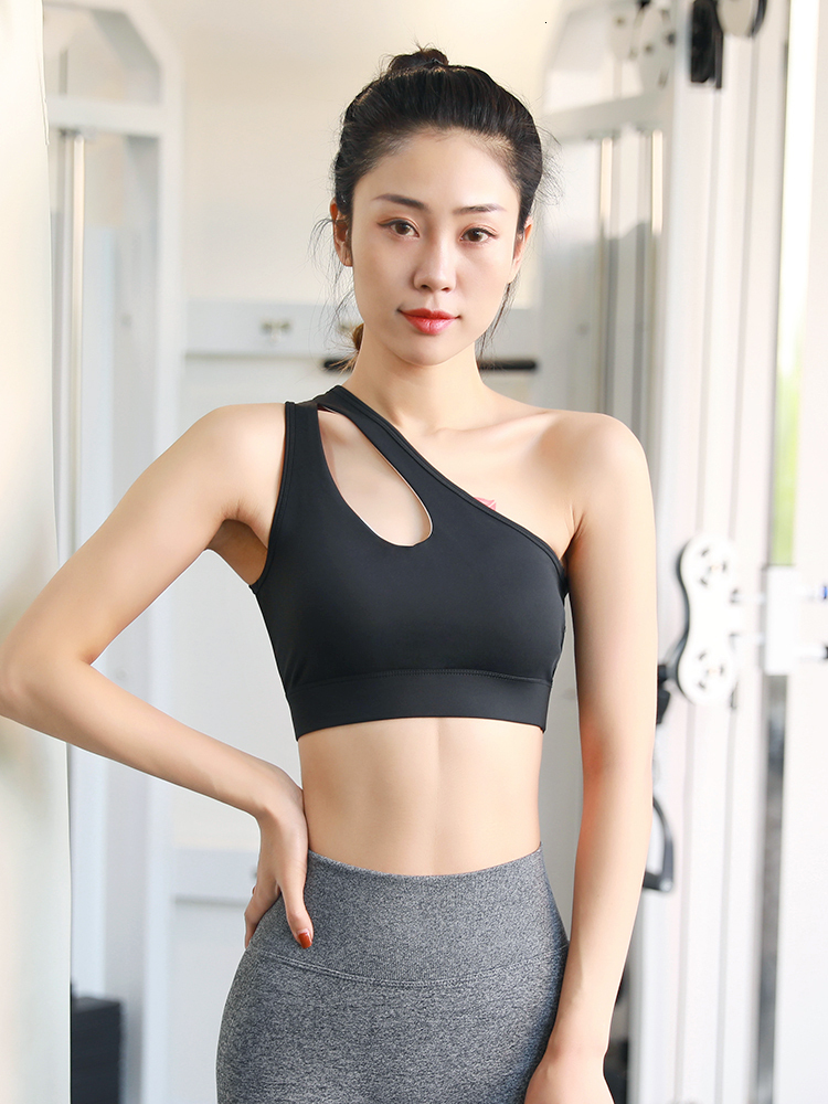 Women's 2024 Solid Colors Removable Pads Hollowed Sports Tops Quick Dry Push Up Shodkproof One Shoulder Gym Bra