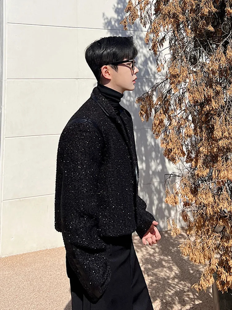 Mens Wear Spring Autumn PU Leather Patchwork Short Korean Style Loose Tweed Coat Single Button Wool Jackets 240911