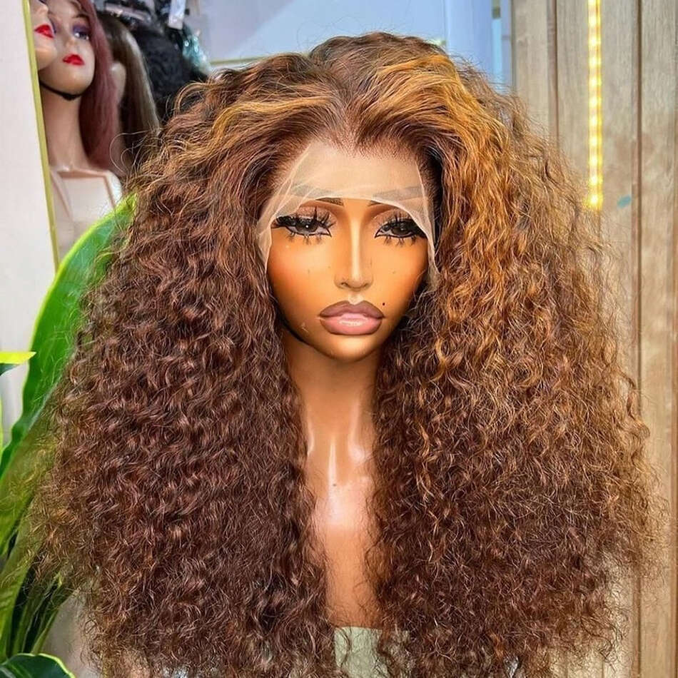 13x4 13x6 Hd Lace Water Deep Wave Frontal Highlight Honey Brown Curly Human Hair Wigs Colored Wig For Black Women 30 36 Inch