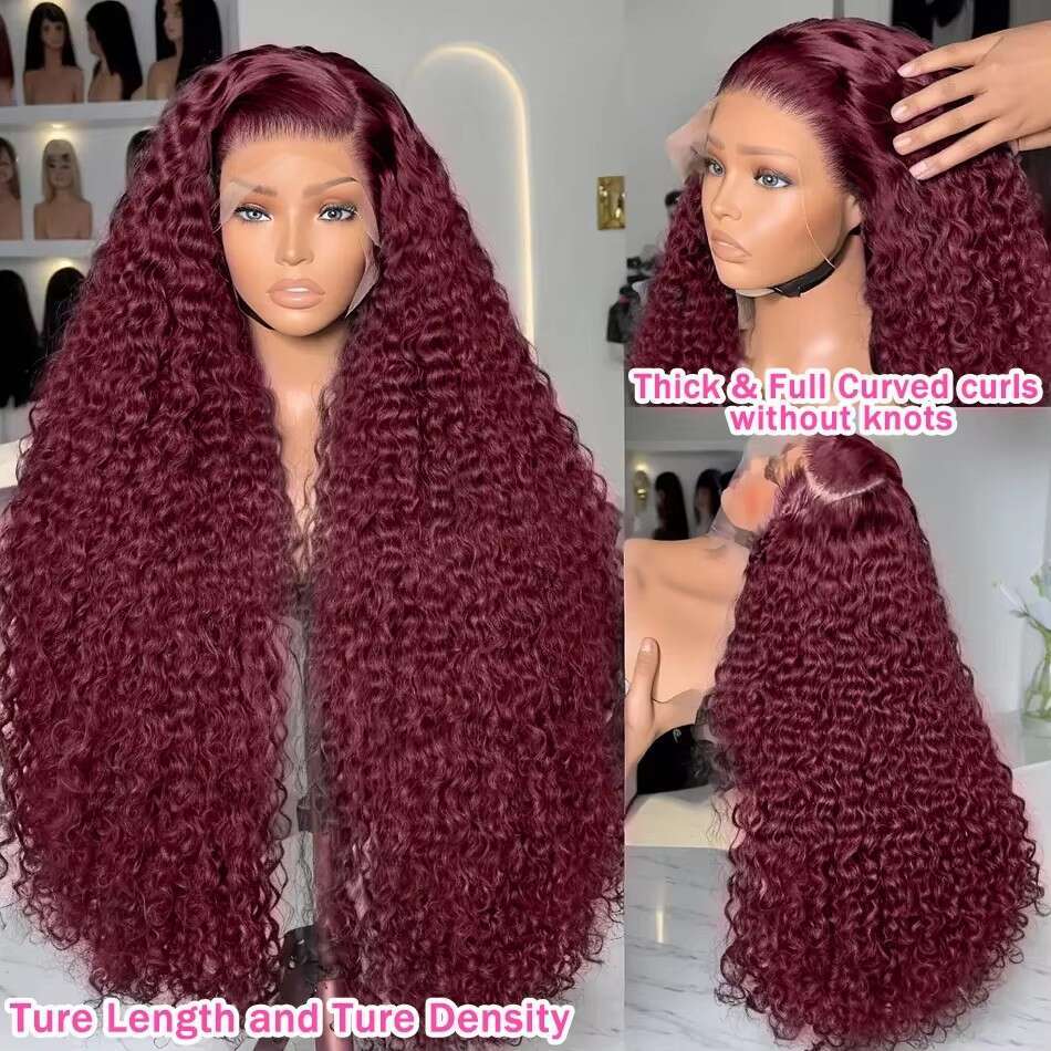 Luvin 250% 30 32 Inch 99J Bury Curly 13x4 Front Wigs Remy Deep Wave 13x6 HD Transparent Lace Frontal Wig For Women