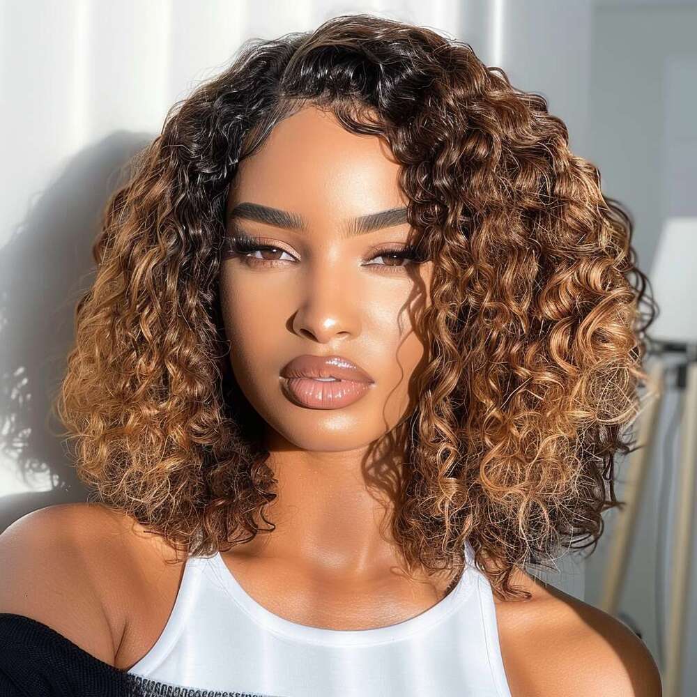 100% Real Ready To Go Short Curly Bob Wigs For Women TT1B/27 Ombre Brown Brazilian Water Wave Human Hair Lace Wig