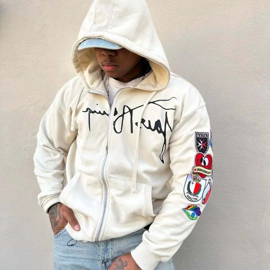 Y2K Gothic Zipper Hoodie Retro Multi Color Pattern Hoodie Mens Street Retro Harajuku Hip Hop Loose Sweatshirt 240921