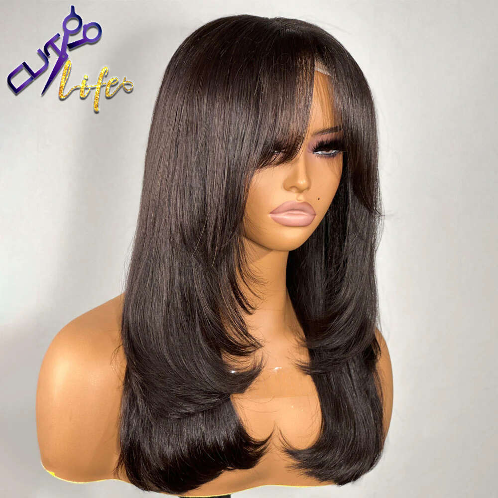Wear To Go Inspired Layers With Curtain Bang Light Yaki 4x4 Lace Closure Glueless Human Hair Wigs For Black Women 34 Inches