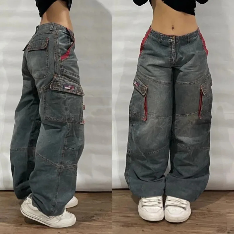 Y2K Harajuku Fashion Heavy Industry Multi Pocket Jeans Womens Street Hip Hop Gothic High Waist Wide Leg Pants 240921