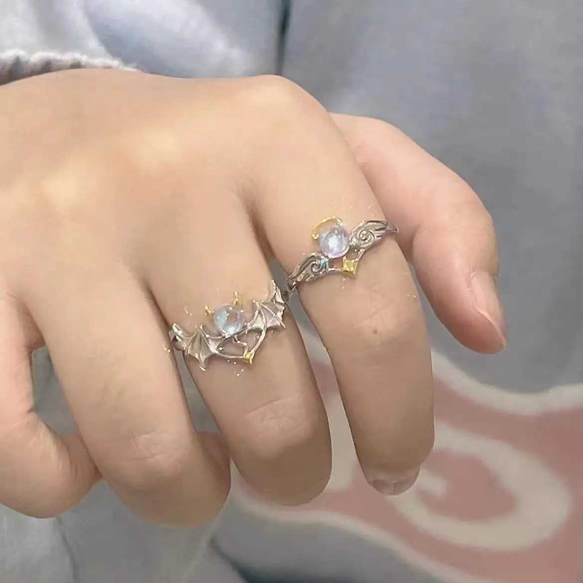 2023 Trendy Angel Devil Moonstone Couple Rings for Women Men Silver Color Opening Adjustable Lovers Ring Wedding Jewelry GiftsX240921