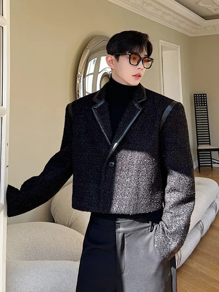 Mens Wear Spring Autumn PU Leather Patchwork Short Korean Style Loose Tweed Coat Single Button Wool Jackets 240911