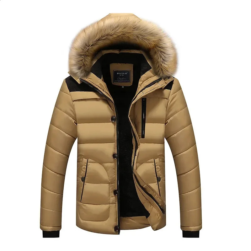 Solid Color Mens Parkas Thicken Warm Coat Fashion Mens Fur Collar Clothing Plus Size Waterproof Hooded Winter Parker Coat 240911