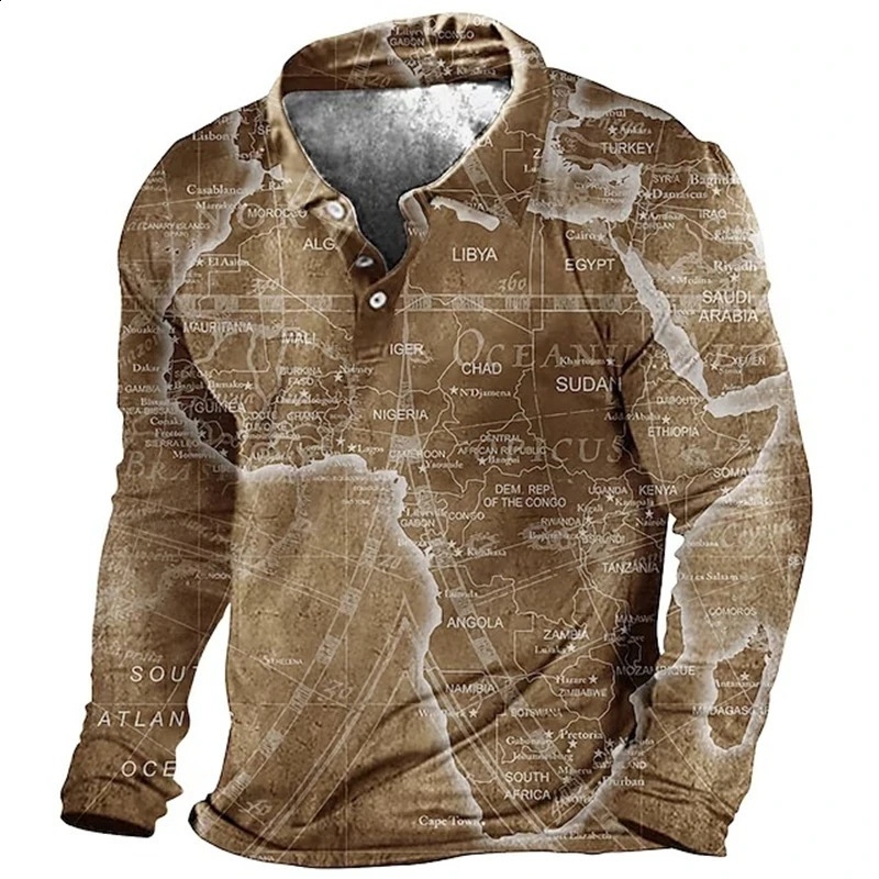 Retro Nautical Anchor Compass 3D Printed Long Sleeve Polo Shirt for Men Flip Collar Casual Fashion Streetwear Hombre Ropa Top 240921