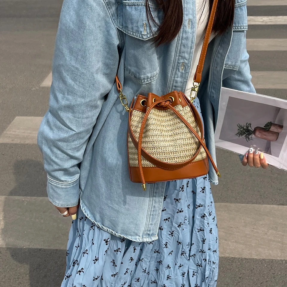 Hand Woven Bucket Bag Environmentally Friendly Material TLXT Casual Fashion Handbag Designer Shoulder Bag Suitable for The Seaside