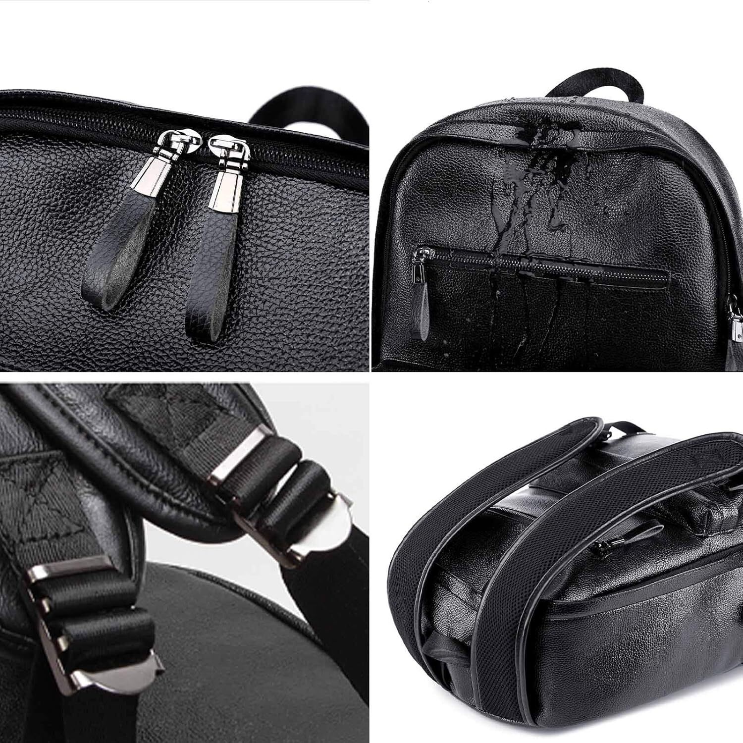 Black Leather Men Women Work Travel, Lightweight School Bookbag for College Students, Waterproof Casual Daypack Computer Backpack fits 15.6 Inch Lapto