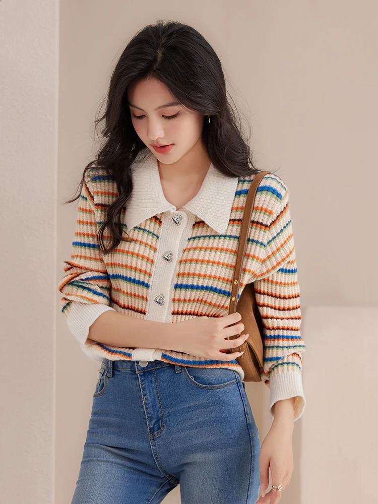 Vintage Color Blocking Rainbow Striped Sweater Womens Loose-fit Turn-down Collar Knitted Top Autumn Harajuku Casual Cardigan 240912