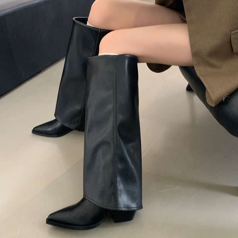 Eilyken Designer Vintage Fold Pointed Toe Women Knee-High Boots Square Low Heels Shoes Fashion Modern Long Booties