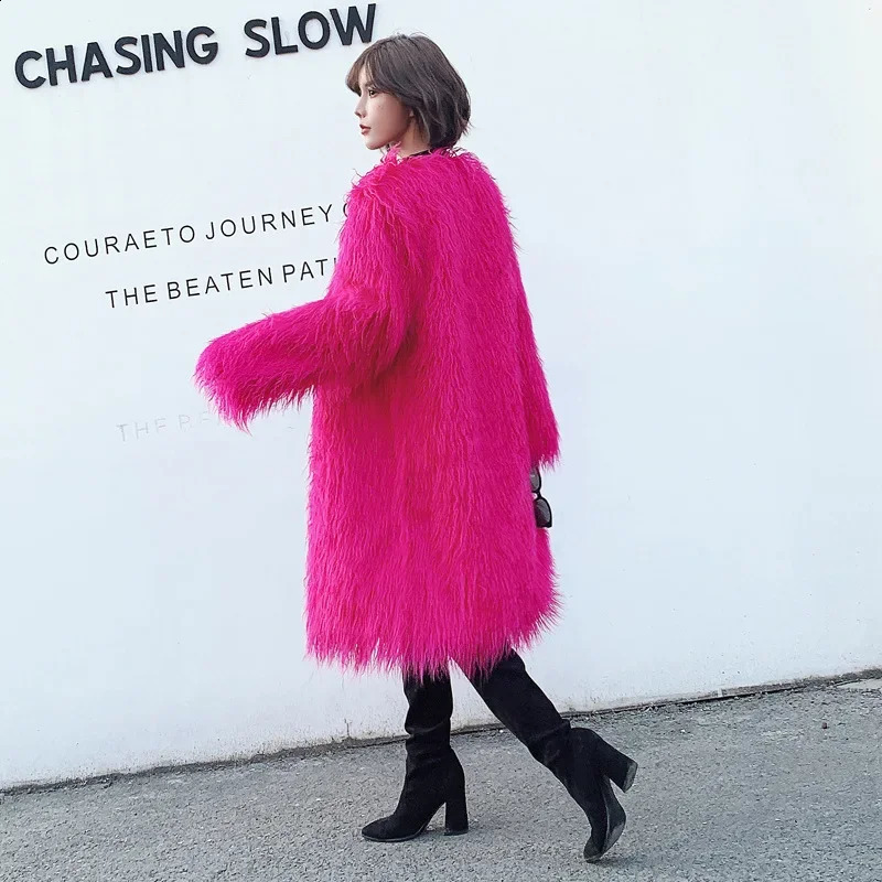 Long Pink Faux Fur Coat Women Clothing O-Neck Plush Jacket Winter Coat Female Overcoat Fluffy Jacket Teddy in Outerwears 240911