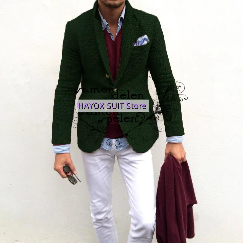 Elegant Fashion Mens Tweed Blazers Set Slim Fit Single Breasted Multiple Pockets Costume Homme Tuxedo 240911