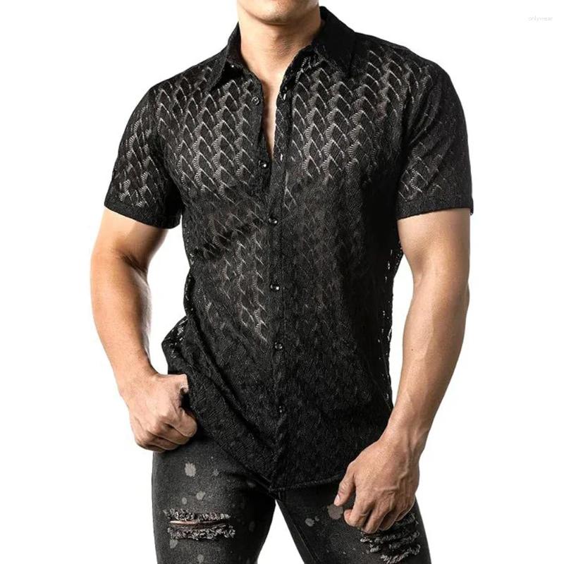 Men's Casual Shirts Mens Summer Mesh See Through Lace Short Sleeve Sexy Party Nightclub Tops
