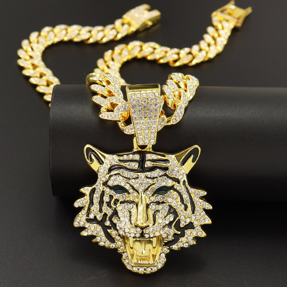 Personality hip-hop three-dimensional tiger head pendant necklace with diamond chain neck, clavicle chain Free shipping