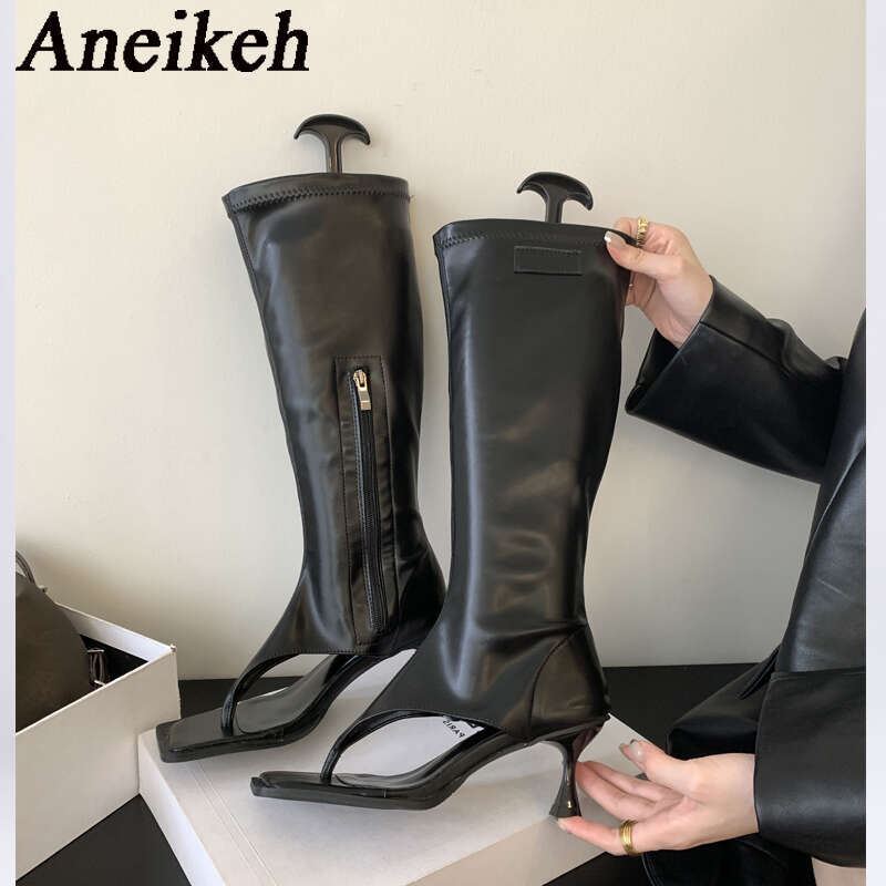 Aneikeh 2024 Sexy PU Square Head Clip Toe Sandals Women's Thin Heel Side Zipper Sewing Knee High Boots Party Ball