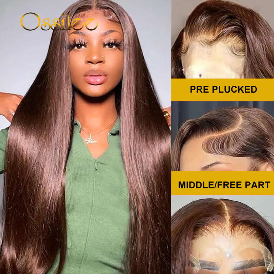 Color 4 Chocolate Brown Front Brazilian Straight 4x4 Human Hair Closure 13x4/13x6 Lace Frontal Wigs Ossilee
