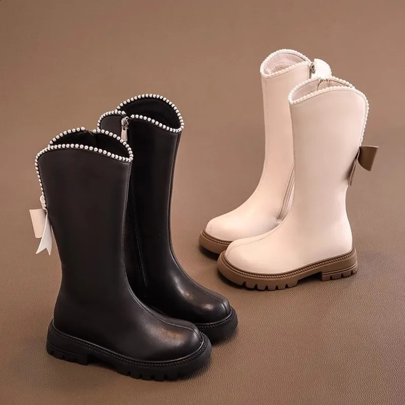 Childrens shoes girls soft soled cotton shoes winter long leather boots pearl edged princess boots Marys bow mid length boots Chaussure 240918