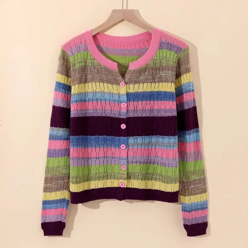Multi-Color Rainbow Striped V-Neck Knit Chic Long Sleeve Womens Cardigan Single Breasted Sweater Cardigan For Women Clothing 240912