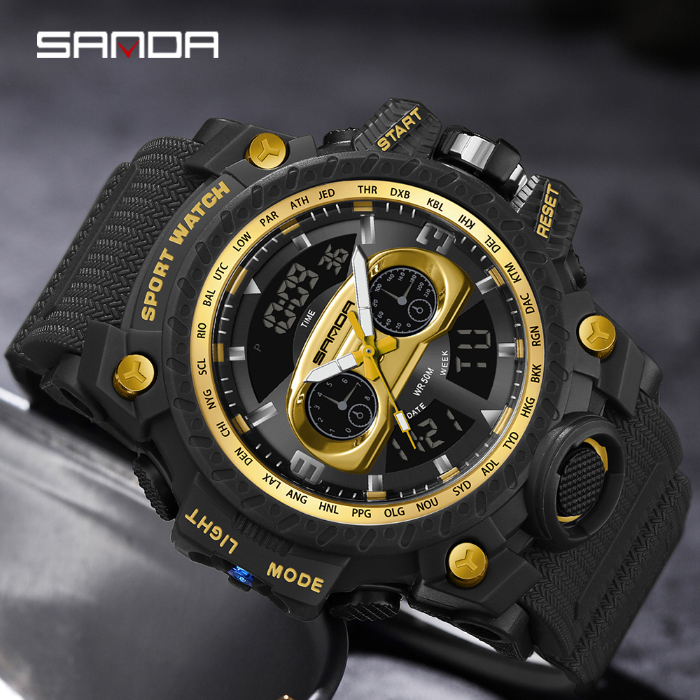 SANDA 3153 Men's Watch Sports Military Quartz Watch 50M Waterproof Dual Display Digital Watch, Suitable for Men's Relogio Masculino 12