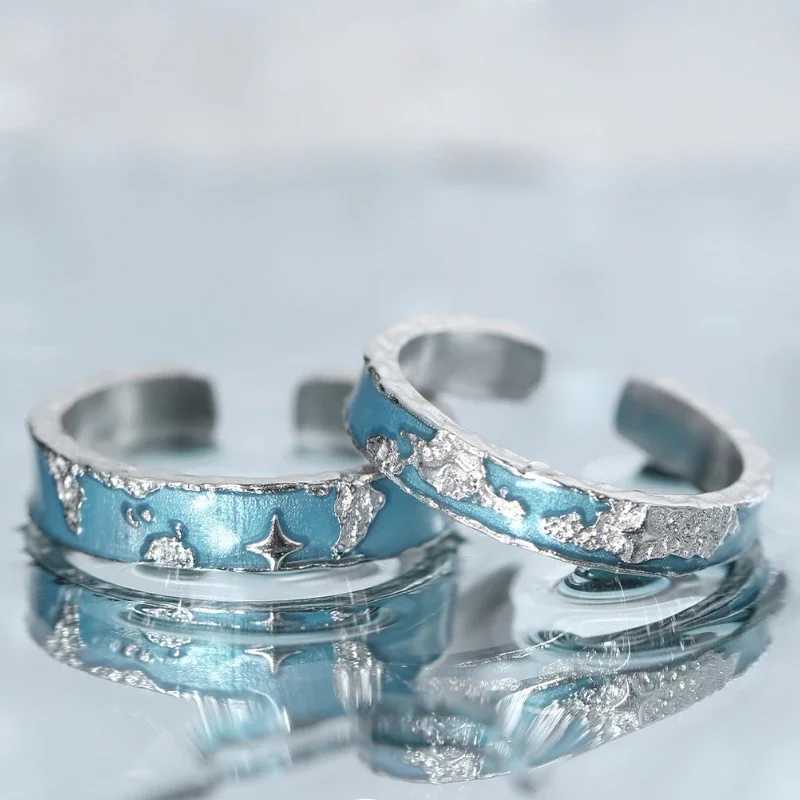 Fashion World Map Design S925 Sterling Silver Rings Drip Glue Lovers Ring Original Fine Boyfriend Girlfriend Couple Jewelry GiftX240921